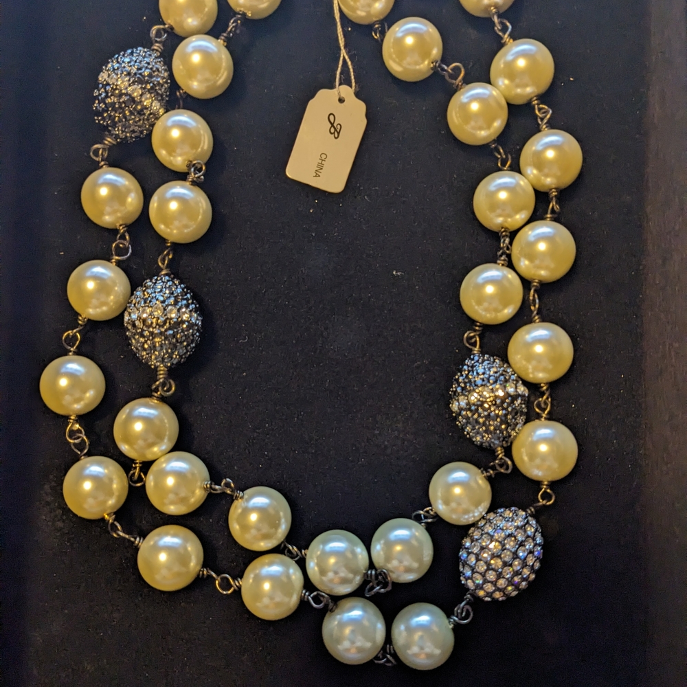 Joan Boyce Pearl and Swarovski Crystal Pave Egg Silver Necklace